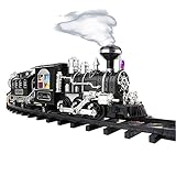 ☞ Qué hay dentro: Pascua, recompensas, etc. Este juego de tren de vapor clásico electrónico incluye 1 locomotora negra, 1 vagón de pasajeros, 1 vagón de mercancías, 1 vagón tanque de combustible, 1 botella, 12 vías curvas y 3 vías rectas. La locomotora tiene 27 cm de longitud. La longitud total de las pistas supera los 206,5 cm.
