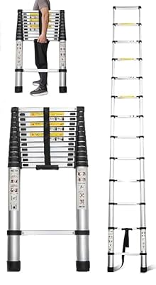 12.5FT Telescoping Ladder, Portable Collapsible Ladder for Home with Fixed Lock,Heavy Duty 330lbs Max Capacity,Multi-Purpose Aluminum Extension Ladder for RV Outdoor Work Black (12.5FT)