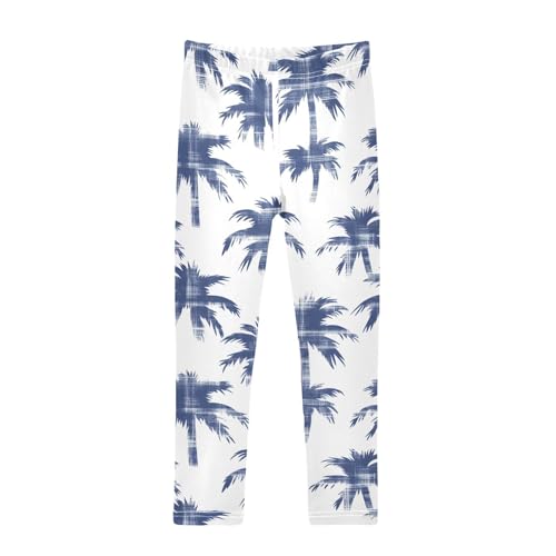 Blue Plaid Palm Tree Girls Leggings Soft Stretch Workout Yoga Dance Pants for Kids Casual Tights