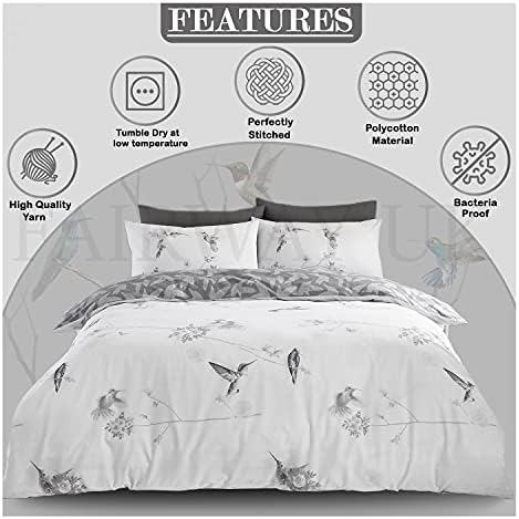 FAIRWAYUK Hummingbird Bedding Set - King Size Duvet Covers with Pillowcase, Reversible Poly Cotton Grey Quilt Cover, 3 Piece Ultra Soft Bed Linen Set, 230x220cm