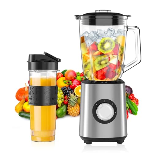 Batidora de Vaso 700 W, Jarra de Cristal de 1.5L, 4 Cuchillas de Acero Inoxidable y Botella Portátil Tritan de 570ml, 2 Velocidades + Pulso, Libre de BPA, para Verduras, Frutas, Batidos y Malteadas