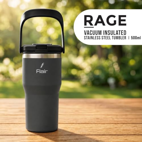 Image of FLAIR Rage Vacuum Insulated Coffee Tumbler 500 ml Black | 2-in-1 Lid (Straw & Sip)| 304 Double Wall Stainless Steel | Leak-Proof Lid | Hot & Cold Travel Mug with Handle | BPA-Free