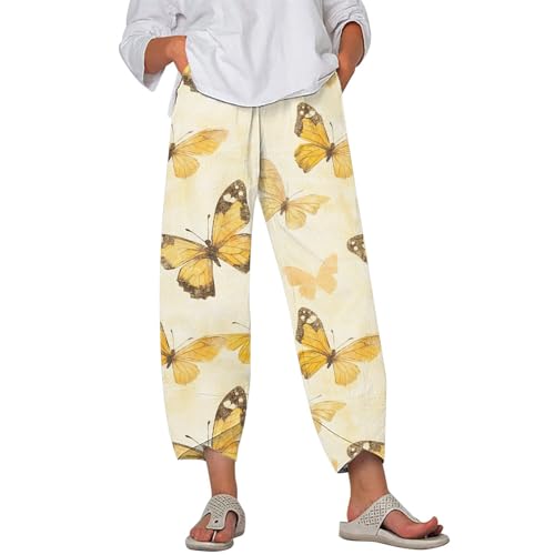 Image of DMOYALA Linen Pants for Women Summer Casual Wide Leg Capri Pants Loose Fit Palazzo Pants Cropped Beach Pants with Pockets