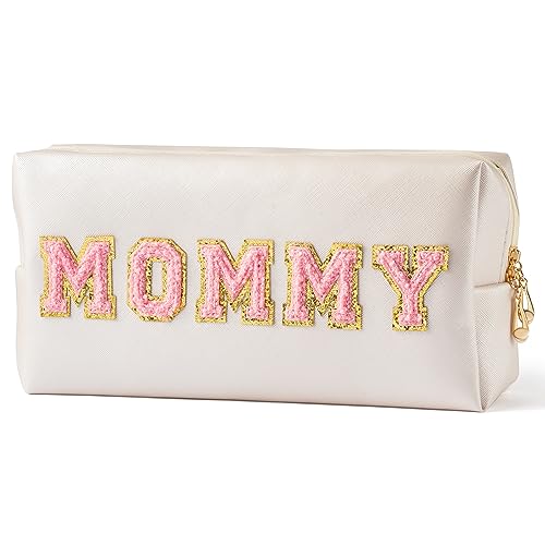Y1tvei Preppy Patch Extra Large Mommy Varsity Letter Makeup Bag Pink Chenille Letter PU Leather Waterproof Portable Cosmetic Toiletry Bag Zipper Organizer Mothers Day Gift for Mom Birthday Anniversary