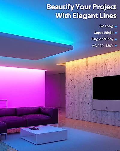Image of RGB LED Neon Strip Lights 16.4FT /5M Outdoor Waterproof Neon LED Rope Light AC 110V~130V Color Change Dimmable Flexible Led Rope Lights with Remote Controller for Bedroom Game Room Home Decor