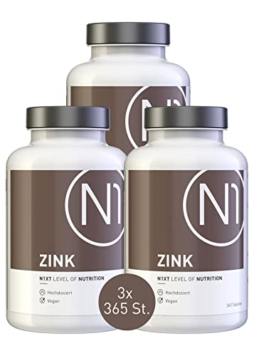 N1 Pastillas de zinc 25 mg – 3 x 365 unidades anuales – Vegano – sólo 1 vez al día – Zinc de alta dosis para el sistema inmunológico – Zinc con la mejor biodisponibilidad