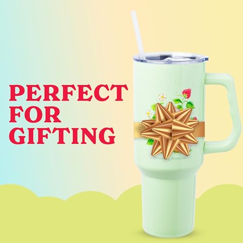 Image of Silver Buffalo Strawberry Shortcake and Custard inchLife is Delicious! inch Double Walled Stainless Steel Tumbler with Handle, Fits in Standard Cup Holder, 40 Ounces