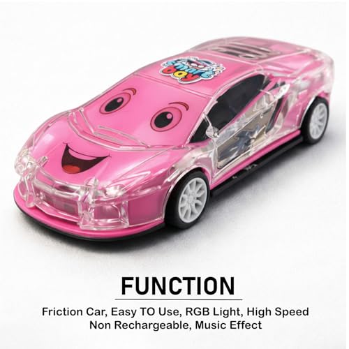 Image of Smiley Face Design Friction Powered Cartoon Car for Kids, Toddlers, Boys and Girls, Flashing Light and Music, Push n go No Battery Required, Gift for Birthday, Festivals Holidays 1003 Pink