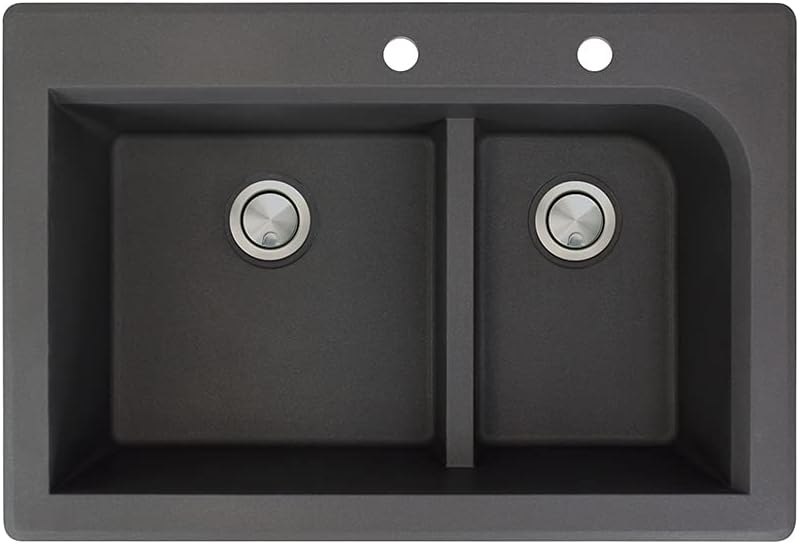 Transolid RTDJ3322-09-CE Radius Granite 2-Hole Drop-in Double-Bowl Kitchen Sink, 32" x 19.5" x 9", Black