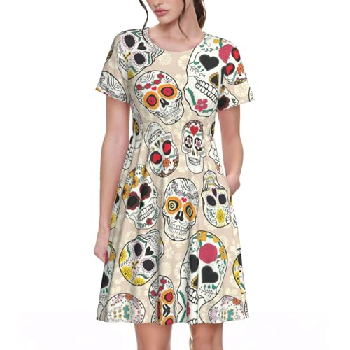 Robe d'été décontractée pour femme robe trapèze avec poches manches courtes imprimées