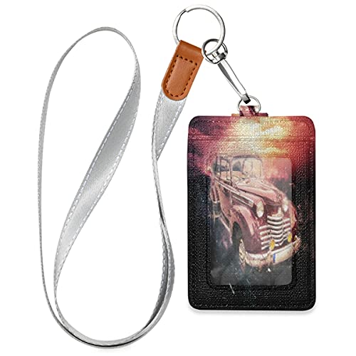 Sonnenuntergang Auto Vintage Sommer Badge Halter ID Cover PU Leder 3 Kartenfächer Hals Wallet Case Sicherheit Druckknopf für Arbeiter Studenten Kinder Cover