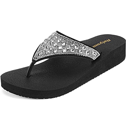 Womens Rhinestones Flip Flops Arch Support Mid Platform Bling Comfortable Flip-flops Jewel Dressy Thong Sandals