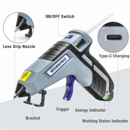 WORKPRO Cordless Glue Gun 3.6V with 20pcs Glue Sticks(7x100mm), Fast Preheating Hot Glue Gun Kit with Less-drip Nozzle, USB-C Rechargeable Hot Melt Glue Guns for DIY Project, Art, Craft - Image 4