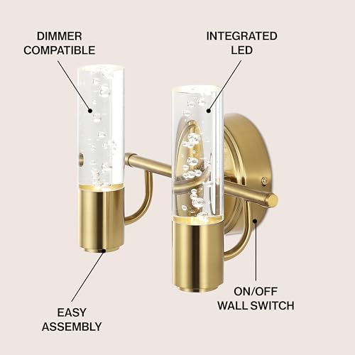 Image of JONATHAN Y 10.75 inch Brass Gold Modern Integrated LED Vanity Light Wall Sconce for Bathroom, Clear Bubble Acrylic Shade Minimalist Art Deco Light for Hallway, Entryway, 4000K (JYL7223B)