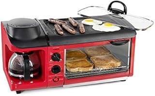 Nostalgia Retro 3-in-1 Family Size Electric Breakfast Station, Non Stick Die Cast Grill/Griddle, 4 Slice Toaster Oven, Coffee Maker, Red