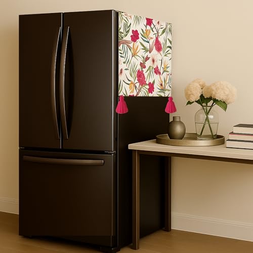Image of French Door Big Size Fridge Top Cover 400+L | 450 GSM Durable Refrigerator Cover with Corner Tassels & Pockets | Fits Godrej, LG, Haier, Samsung Models |Dustproof Floral Print| WWW.THROWPILLOW.IN