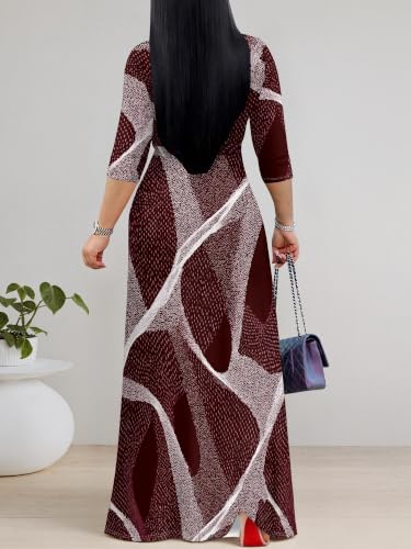 Image of PinkPatty Plus Size Maxi Dress for Women Casual V Neck 3 /4 Sleeve Boho Printed Long Dress with Pockets
