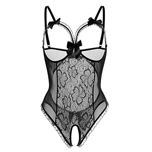 Voqeen Damen-Dessous, sexy, erotisch, Spitze, exotisch, Babydoll, offener Ring, komplettes Dessous, Pyjama, bequem, Sleepwear Kostüm, Schwarz L