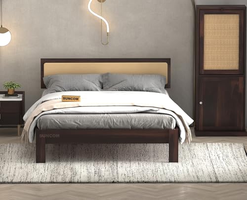 Image of SUNCOM Wooden Queen King Bed for Bedroom | Wooden Double Bed | Platform Cot Bed with Upholstered Cushioned Headboard | 6.5 x 6 Ft | Sheesham Solid Wood, Walnut Finish