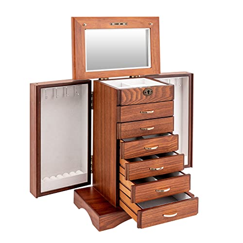 GXFCHYL 7 Layer Large Wooden Jewelry Box for Women Jewelry Armoire Standing Jewelry Box Jewelry Box Organizer for Ring Necklace Earring Bracelet Organizer Storage Display Box,Walnut