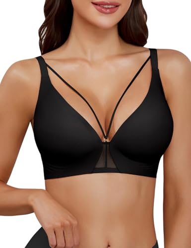 Niwicee BH Damen Ohne Bügel Push Up BH Sexy Bügelloser Seamless Nahtloser BHS Soft Tshirt Schlaf Bra V-Ausschnitt Klassische Bra (Schwarz, L)