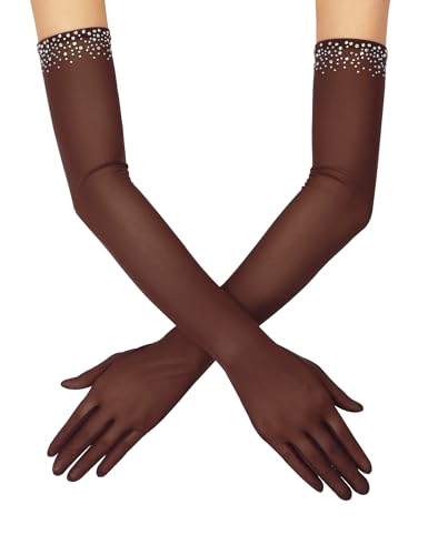 XXDingbs Womens 20s Sexy Sheer Long Gloves Beaded Tulle Mesh Gloves for Opera Wedding Party Dance Prom Brown