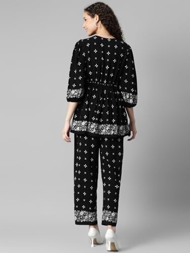Image of DEEBACO Women's Ethnic Motif Print Rayon Top & Pants Co Ord Set for Women V Neck 3 /4 Puff Sleeve Ladies Party Casual Wear Fashionable for Girls Loose Fit Cord Set (DBCOMR00000981 XL Black)