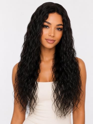ManeMajesty 30 Inch Loose Wave Wig Human Hair T Part Lace Front Wig #1B