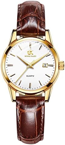 ERNIE KLEIN Women'Watches, Brown Leather Watch Bands for Women, Fashion Quartz Watches for Women, Gold Case Watch for Lady, Chrismas Gifts Watch for Girlfriend, White