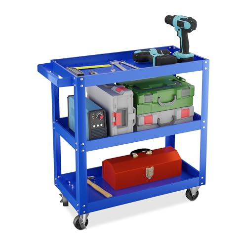Relaxdays Werkstattwagen, Werkzeugwagen mit 3 Ebenen, mobiler Montagewagen, bis 100 kg belastbar, HBT: 76x78x35 cm, blau