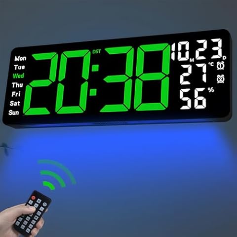 JoFomp 17.3" Large Digital Wall Clock, LED Digital Clock Large Display with Remote Control, Digital Alarm Clock with Temp/DST/Dimmer/Humidity/Timer/Ambient Light - 12/24H, Digital Clock Wall Decor Cover