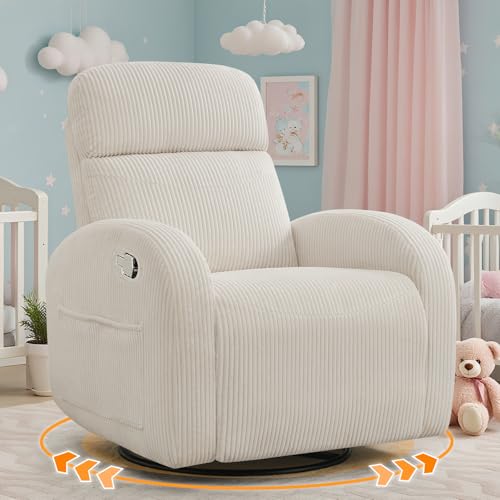 BaseBeauty Glider Recliner for Nursery, Swivel Rocker Recliner with 2 Pockets for New Mother, Corduroy Manual Roking Recliners for Living Room, Bedroom, Cream White
