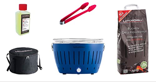 LotusGrill - Barbacoa con conexión USB, 1 carbón de haya de 1 kg, 1 pasta de combustión de 200ml, 1 pinzas de salchicha 1 bolsa