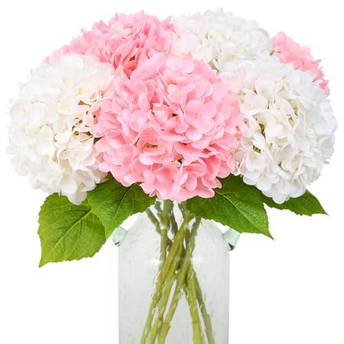 JUSTOYOU Lot de 4 fleurs d'hortensia artificielles bicolores simples à longue tige réalistes, 50 cm, grand toucher réaliste, bouquets d'hortensia pour...
