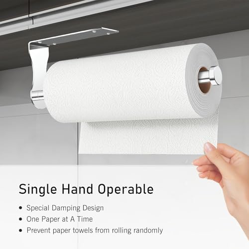 Image of SetSail Paper Towel Holder, Single Hand Operable Paper Towel Holder Under Cabinet with Adjustable Damper Easy Tear Wall Mount Self-Adhesive or Drilled for Kitchen Bathroom, Mirror Silver