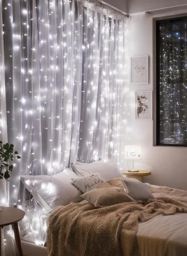 Image of Brightown 300 LED Fairy Curtain Lights, 9.8ft x 9.8ft Curtain String Lights | White USB Plug in 8 Lighting Modes Christmas String Hanging Lights with Remote for Bedroom Indoor Outdoor Party Xmas