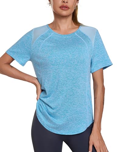 Terecey Camiseta Deportiva Mujer Manga Corta con Malla Transpirable Camiseta Fitness Mujer Secado Rápido Top de Entrenamiento Yoga Fitness
