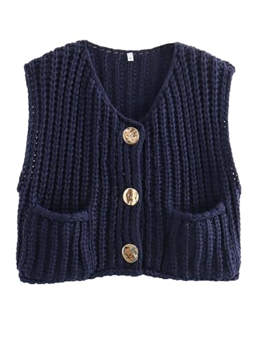 Image of VNIRA Womens Fashion Casual Chunky Sweater Vest Sleeveless Button Down Knit Crop Top Open Front Cardigan with Pockets Navy L