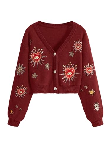 Image of BEAUDRM Women's Cropped Cardigan Sweater Embroidered Cardigan Cropped Sweater Button Down Knit Top Outerwear