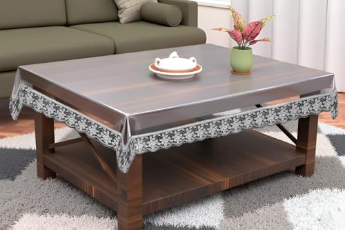 Image of The Furnishing Tree Rectangle Shaped 2 Seater Transparent Table Cover WxL 45x70 inches 0.25 mm Thickness with Silver Lace