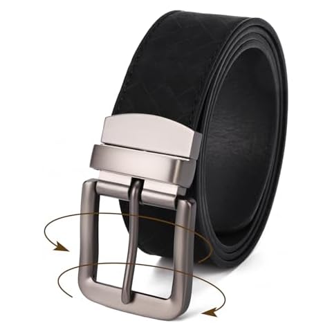 GLITZALL Mens Belt Reversible Black, Men Dress Belts,Men’s Grid Emboss Leather Belt, 1.42" Wide Regular Size 34" Cover