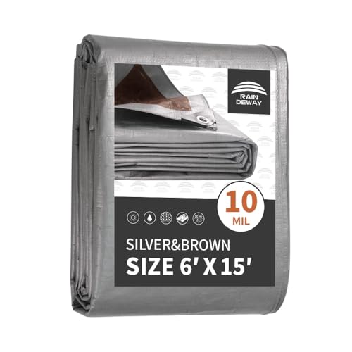 RAINDEWAY 6x15 Feet Tarps Heavy Duty Waterproof,10Mil Thick Multipurpose Poly Tarp Cover with Metal Grommets and Reinforced Edges,Silver/Brown Tarp