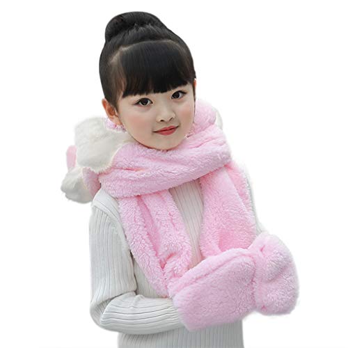 Kids Teens Girls 3 In 1 Warm Plush Fluffy Cartoon Winter Hats Scarf Mitten Gloves With Pockets Hoodie Cap Earmuff Costume (Bowknot Fur, Pink) #TOP4
