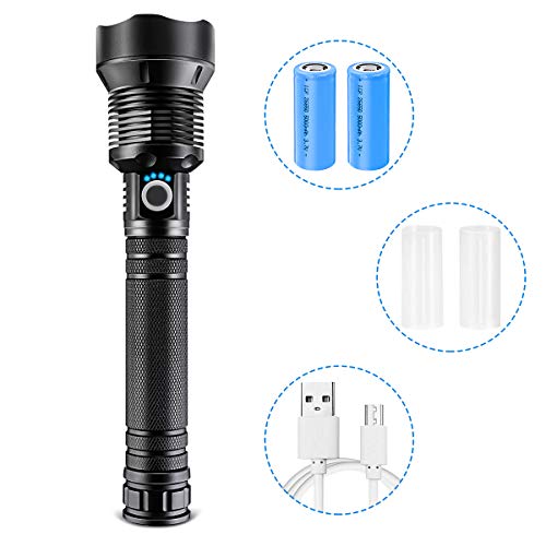 LED Flashlight, High Lumens, Zoomable & Most Powerful Torch with 26650 Battery & USB Rechargeable, 3 Modes Searchlight for Outdoor or Home Emergency (P70 - Black)