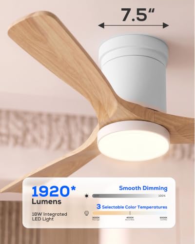 Image of 52 Inch Flush Mount Ceiling Fans with Lights, Low Profile Smart Ceiling Fan, Alexa & Remote Control, High CFM Reversible BLDC, White Natural Wood 3 Blade Indoor Outdoor Ceiling Fans for Bedroom Patios