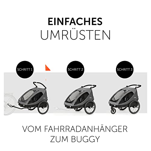 hauck Dryk Duo, Grey - 2in1 Fahrradanhänger & Kinderwagen für 2 Kinder ab 6 Monaten bis 22 kg/120 cm/4 Jahre, für Zwillinge & Geschwister, Faltbar, XL Stauraum, für Fahrrad, E-Bike & Pedelec