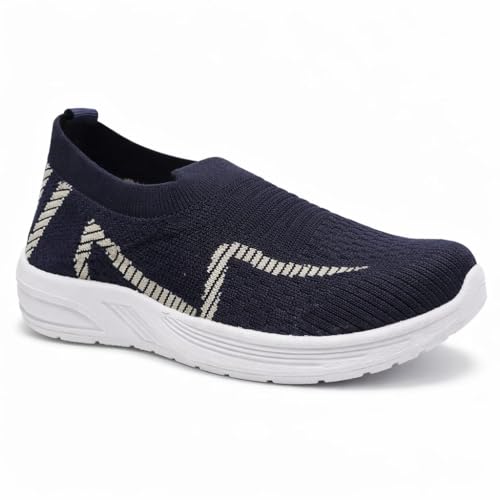 Image of Kids Navy Blue Knit Slip-On Sneakers, Lightweight Casual Shoes with White Sole