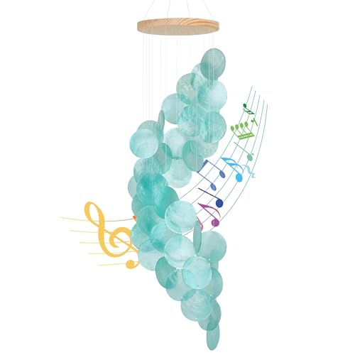 Seashell Wind Chimes for Outside - Handcrafted Turquoise Spiral Shape Capiz Shells Windchime Coastal Style Decor for Indoor/Outdoors, Garden & Beach Hanging Decor for Wind Chimes Lovers and More