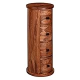 möbelando Design Sideboard Sheesham Massivholz 35x85x35 cm | Schränkchen mit 4 Schubladen | Schmaler Beistellschrank Massiv | Mini Kommode Rund
