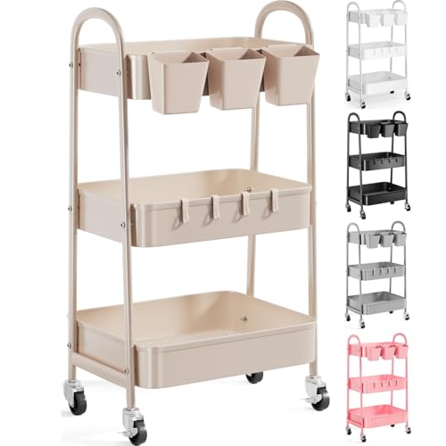 Image of 3 Tier Khaki Metal Utility Rolling Cart, Storage Cart with Handle and Lockable Wheels, Multifunctional Organizer Trolley with Mesh Storage Baskets for Kitchen, Office, Living Room, Laundry, Garage
